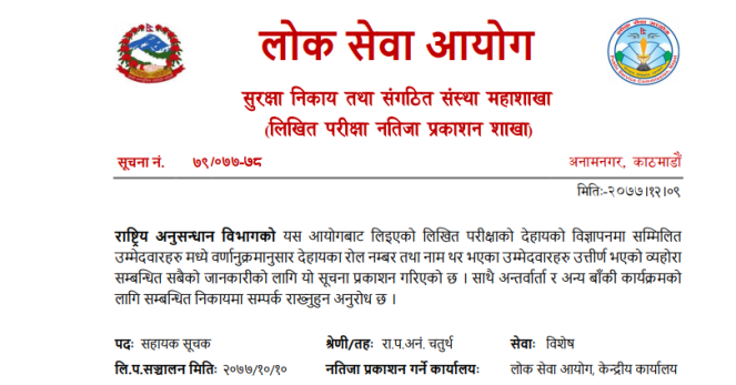 राष्ट्रिय अनुसन्धान सहायक सुचकको लिखितको नतिजा प्रकाशित, ३३१ जना पास भए (नामसहित)